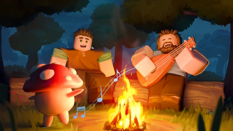 SCROOMS promotional artwork with two players and a mushroom beside a woodland campfire, one player performing on a stringed instrument.
